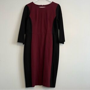 Talbots 3/4 Sleeve Midi Dress Sheath Black Burgundy Colorblock Office Sz 10